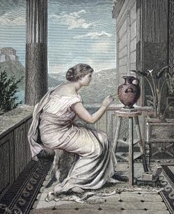 Maler, kunstner, ung gresk kvinne som maler en vase, historisk, digital reproduksjon av et originalt kunstverk fra 1800-tallet av Unknown artist