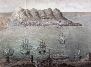 Panoramautsikt over Gibraltar og Detroit. Madrid fra 1800-tallet, nasjonalbiblioteket av Unknown artist
