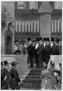 Paris 1890: Installasjon av Zadoc Kahn (Zadoc-Kahn) (1839-1905) stor rabbiner i Frankrike. Monsieur Alphonse de Rothschild (1827 -1905) leser nominasjonsrekkefølgen. av Unknown artist