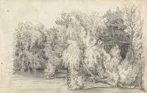 En del av en bygning omgitt av en skog av Unknown artist