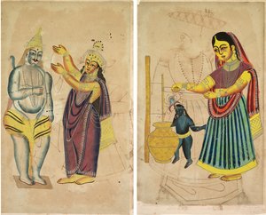 Parvati Plasserer en bryllupskrans på Shiva (recto); Yasoda kjernesmør (verso) av Unknown artist