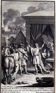 Patroclus, berører grekernes ulykke, etter å ha fått tillatelse fra Achilles til å gå og redde dem, dekker seg med våpnene til denne prinsen, som gir drikkepenger til Jupiter for hans lykkelige retur. Illustrasjon av bok XVI av Iliaden til H av Unknown artist