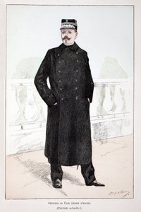 Fredsoffiser, vinterkjole (Lepinetiden). Etsning i farger, for illustrasjon "" Histoire du corps des gardes de la paix""" bok utgitt i regi av Louis Lepine (1846-1933), prefekt for politiet på Seinen, av Alfred Rey (1864-?) og Lou av Unknown artist