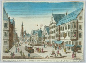 Peep-show, perspektivvisning av malergaten fra den nedre kysten mot Perlac-tårnet i Augsburg av Unknown artist