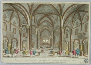 Peep-show, perspektivutsikt fra innsiden av den karteusiske kirken i Pavia i Italia av Unknown artist