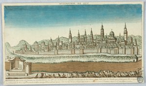 Peep-show, utsikt over Jerusalem, Jerusalem, hovedstaden i Palestina under David og Salomo, er så kjent for sitt tempel og de storslåtte verkene at de to prinsene bygget... av Unknown artist