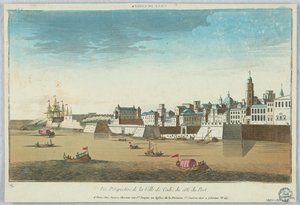 Peep-show, perspektivutsikt over byen Cadiz fra havnekysten av Unknown artist