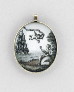 Anheng, ca. 1750 (sepia på elfenben, gull, hår og glass) av Unknown artist