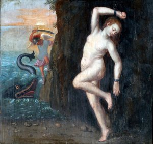 Persee et Andromede - Perseus og Andromeda par Anonymous, ca. 1600 - Olje på tre, 62x65,4 - Ptuj Ormo_ Regional Museum av Unknown artist
