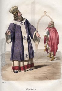 Photios I (Photius, Fotios) (810-893), patriark av Konstantinopel, utviste den bysantinske keiseren Basil I den makedonske (813-886) fra kirken etter drapet på keiser Michael III i 867. av Unknown artist