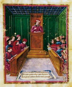 Pietro da Unzola foreleser fra juridisk tekst til elever under jussforelesning ved universitetet i Bologna, miniatyr fra Liber iurium et privilegiorum notariorum Bononiae-manuskript, Italia av Unknown artist