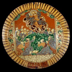 Plate i lakkert jord som representerer Kristi himmelfart. 1752. Sevres, Nasjonalmuseet for keramikk av Unknown artist