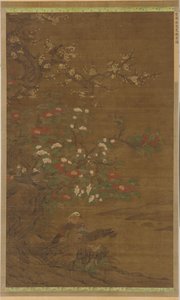 Plommeblomster, kameliaer og mandarinender av Unknown artist