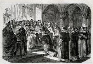 Pave Adrien II (792-872) overleverte til en av sine legater en boble av ekskommunikasjon mot Lord Normand. Gravering - i "" Pavenes historie"", sd. 1800-tallet. av Unknown artist