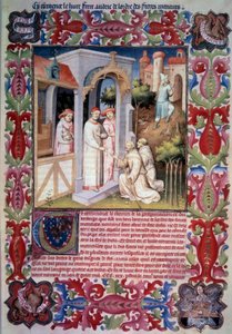 Pave Johannes XXII betror Odoric av Pordenone (franciskansk) oppdraget med å evangelisere Oversjøisk hav. Menn som leder rapphøns til Trabzon. Våpen og emblem til Jean Without Fears. Jean de Berrys våpen. Miniatyr i "" Itinerarium. Underverkenes bok", av Unknown artist