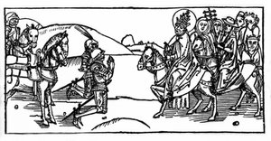 Pave Leo I møter Attila og stopper ham - Gravering fra "Leben der Heiligen - sommerteil" (Helgenboken) av Jacobus (James) av Voragine (1228-1298). Lübeck 1488. av Unknown artist