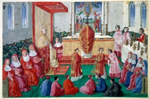 Pave Sixtus IV (1414-1484) deltar i messen i Det sixtinske kapell ved Vatikanets miniatyrdecoupé på 1400-tallet. Søn 0,1x0,16 m Chantilly, musee Conde av Unknown artist