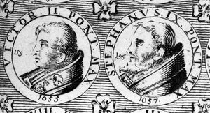Pavene Victor II (eller Victor 2 døde 1057) og Stephen IX (eller Stephane 9 døde 1058). Gravering fra 1700-tallet. av Unknown artist