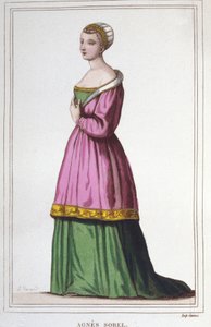 Portrett av Agnes Sorel (1422-1450) (Lady of Beaute sur Marne) (Beaute-sur-Marne). Favoritt til kong Charles VII. gravering fra 1830 av Unknown artist