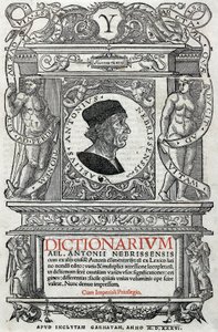 Portrett av Antonio Martinez de Cala sa Antonio de Nebrija (1441-1522) spansk humanist og grammatiker. Guardpage av hans ordbok, utgitt i 1536. Nasjonalbiblioteket i Madrid. av Unknown artist