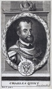Portrett av Karl V (1500-1558), konge av Spania og Spansk Amerika, konge av Sicilia og keiser av Det hellige romerske rike germansk (1519-1556). Gravering for å illustrere "History of the War of Flanders", av Flamianus Strada, utgave Joseph T