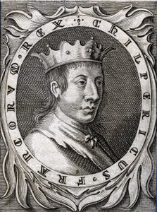 Portrett av Chilperic II (v. 670 - 721), konge av Neustria. 1700-talls gravering. av Unknown artist