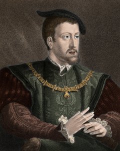 Portrett av keiser Charles V (1500-1558) med halskjedet av Order of Golden Fleece - Charles V (1500-1558) bærer kjeden av Order of the Golden Fleece rundt halsen - gravering - 1800-tallet av Unknown artist