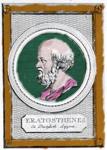 Portrett av Eratosthene av Kyrene (ca. 284 f.Kr. - 194 f.Kr.), gresk vitenskapsmann, geograf og poet. Han var direktør for Alexandria-biblioteket og regnet ut målingen av den jordiske meridianen. Portrett av etterpå: "Galleria degli antichi greci e romani" av Unknown artist