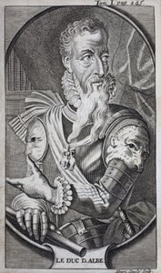 Portrett av Ferdinand Alvare de Toledo (1507-1582), tredje hertug av Alba, Grand of Spain, hertug av Huescar, markis av Korea, greve av Salvatierra, visekonge av Napoli, Italia og guvernør i Nederland. Gravering for å illustrere «History of t av Unknown artist