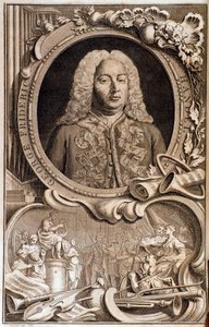 Portrett av Georg Friedrich Handel (ou Handel) (1685-1759) Frontispice av "" Alexanders fest "" "1700-tallet. Bologna, borgerlig bibliografisk museum av Unknown artist