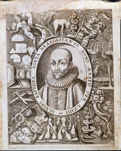 Portrett av Giambattista (døperen Johannes, døperen Johannes) della Porta (1535 - 1615) på frontispicen til "Magiae Naturalis". 17. århundre. av Unknown artist