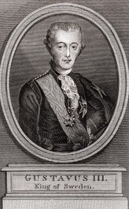 Portrett av Gustave III (1746-1792), konge av Sverige fra 1771 til 1792, gravering av 1787 "" Collection to the Soldiers of Yesteryear"" av Unknown artist