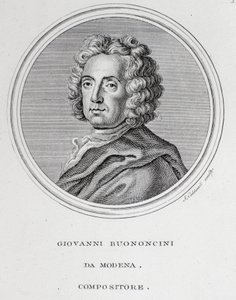 Portrett av den italienske barokkkomponisten og cellisten Giovanni Battista Bononcini (1670-1747) Gravering. 18. århundre. Bologna, borgerlig bibliografisk museum av Unknown artist