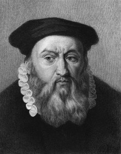 Portrett av Jean Calvin (1509 - 1564), fransk religiøs reformator og forfatter - i "Histoire des Français"" av Lavallée, gravering, n.d. av Unknown artist