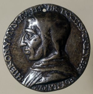 Portrett av Jerome Savonarola eller Girolamo Savonarola (1452 - 1498), italiensk predikant. Han etablerte et teokratisk regime i Firenze. Tidens medaljon. av Unknown artist