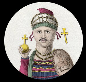 Portrett av Justinian I (Den store) (Flavius Petrus Sabbatius Justinianus) (482-565). Romersk keiser av Orienten. Gravering av 1800-tallet. av Unknown artist