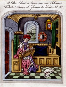 Portrett av kong Rene av Anjou (1409-1480)”” kaller også Rene I av Napoli eller Rene av Sicilia, i sitt kabinett - gravering etter en miniatyr av Unknown artist