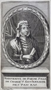 Portrett av Margarita av Parma (eller Margarita av Østerrike) (1522-1586), hertuginne av Parma og Piacenza, naturlig datter av Charles V (1500-1558) og guvernør i Nederland (Nederland) fra 1559-1581. Gravering for å illustrere "History of the War of Fla av Unknown artist