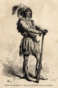 Portrett av Osceola (1804-1838), leder av seminoler, i spissen for den indiske motstanden mot USA under Florida-krigen (1835-1842). Gravering for å illustrere historien fire måneder i Florida, av Achille Pousselgue i 1851-1852, utgitt av Unknown artist