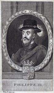 Portrett av Filip II av Spania (Felipe) (1527-1598), konge av Spania og Portugal. Gravering for å illustrere "History of the War of Flanders", av Flamianus Strada, utgave Joseph T