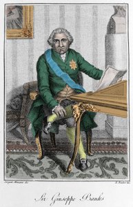 Portrett av Sir Joseph Banks (1743-1820), engelsk oppdagelsesreisende og naturforsker. Fargegravering av Unknown artist
