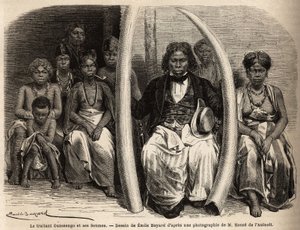 Portrett av en afrikansk elfenbensforhandler omgir konene hans. Tegning av Emile Bayard (1837-1891), for å illustrere reisen til Gabon, i 1861-64, til doktor Griffon du Bellay. Gravering i "" Le tour du monde"", redigert av Edouard Charton av Unknown artist