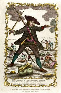 Portrett av den franske briganden Louis Mandrin (ca. 1725-1755). Bak ham, Autuns handling og Baunes kamp. Gravering fra 1700-tallet. Privat samling av Unknown artist