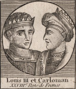 Portretter av Ludvig III (863/65-882) Francenes konge mellom 879 og 882 og Carloman II (866–884), Francenes konge fra 879 til 884 - Ludvig II, kongen av Vest-Francia og Carloman II, kongen av Vest-Frankrike Francia - gravering fra "Instruction sur l