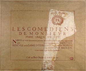 Plakat av teaterkompaniet «Les comediens de Monsieur» som kunngjør fremføringen av Paul Scarrons «L'heritier ridicule» (eller «La dame interessee») på PetitBourbon i Paris, ca. 1659-1660. Paris. Bibliotek Museum De l'Opera av Unknown artist
