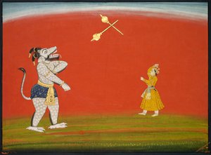 Pradyumna og Samvara slåss med Max: Leaf fra "Large Basohli Bhagavata Purana" av Unknown artist