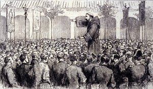 Predikasjon av en kapusinermunk til pelerinene som kom til Lourdes i de høye Pyreneene hvor jomfruen viste seg for Bernadette Soubirous (1844-1879) i 1858, nåværende pilegrimssted. Gravering fra 1877 av Unknown artist