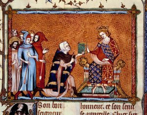 Presentasjon av boken: Jean de Joinville (1224-1317) tilbyr sin bok til Ludvig, konge av Navarra, fremtidige Ludvig X, hutinen. Miniatyr i "" Vie de Saint Louis"" av Unknown artist