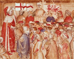 Presentasjon av militærflagget til en prins av familien til Carraresi, herrer i byen Padua Miniature fra "Chronica Carrariensibus"" (Chronicles of the family of the Carraresi) Biblioteca Capitolare fra 1300-tallet, Padua av Unknown artist