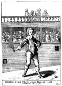 Prins James, hertug av York (1633-1701) som spilte palmespill, kom senere tilbake som James II av England (James II Stuart) - i "" sportene og tidsfordrivene til folket i England"" av Joseph Strutt, ed 1801 av Unknown artist